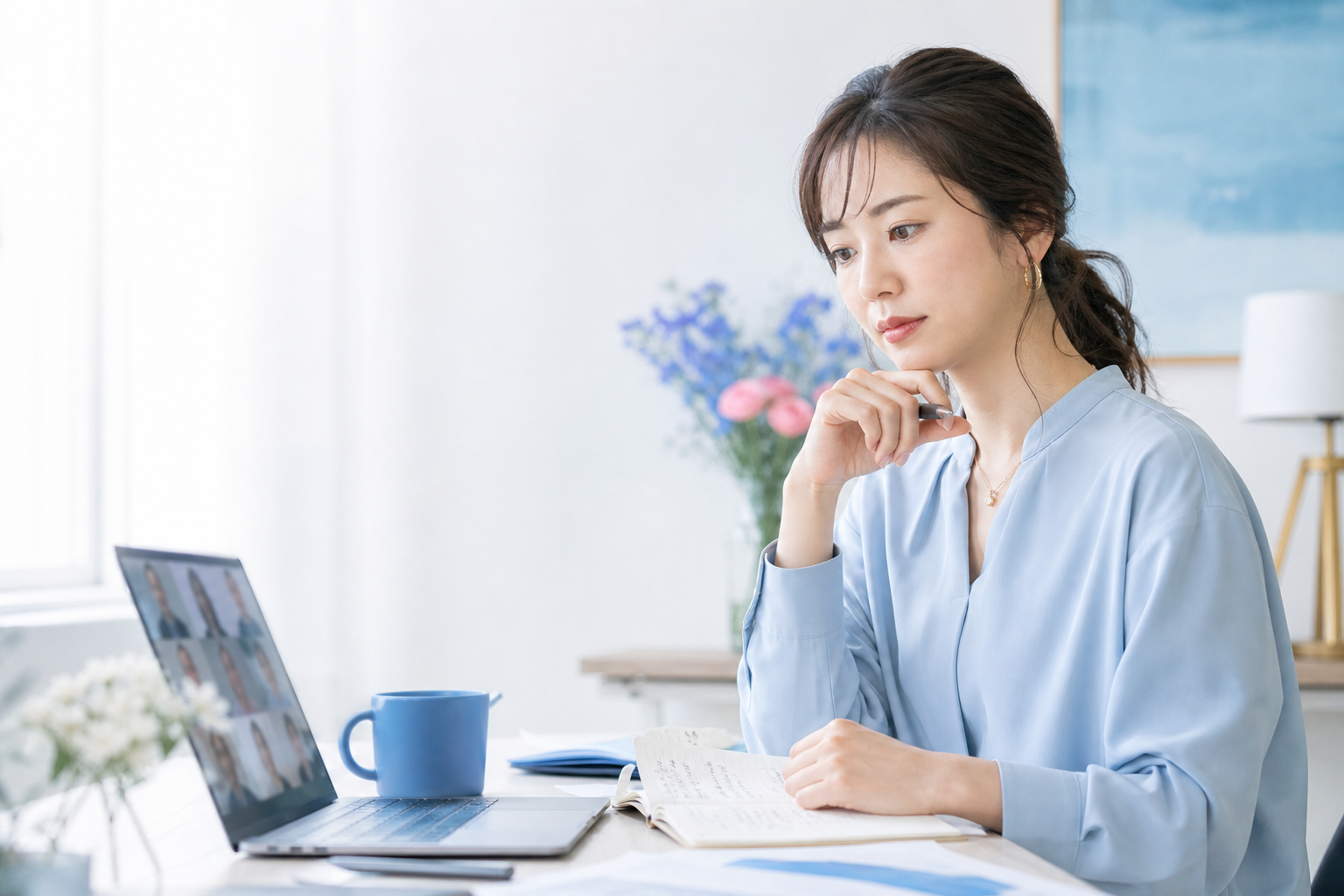 セールス後のメモを見ながら売れない原因を振り返る若い女性起業家