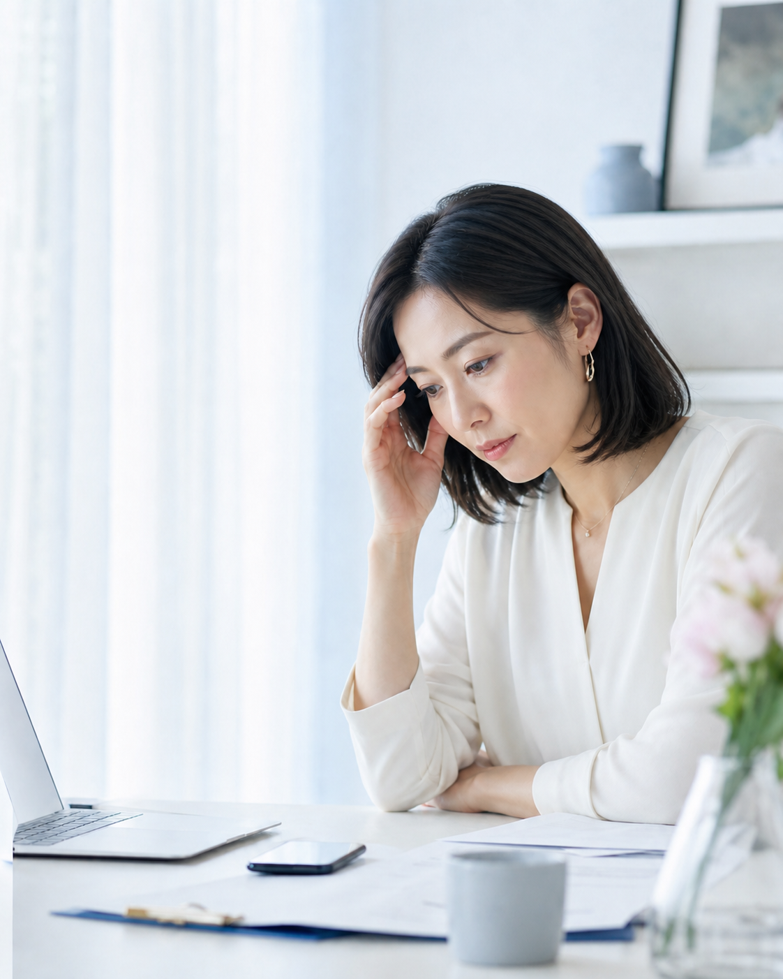 セールスについて一人で悩む若い女性起業家